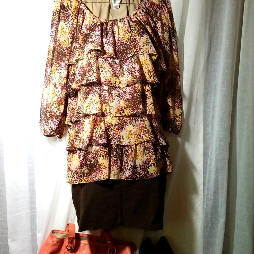 L "Christopher Banks" sheer tiered peplum ruffled chiffon blouse